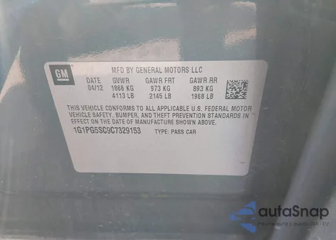 2012 Chevrolet Cruze 2Lt z USA, uszkodzony, nr VIN 1G1PG5SC9C7329153